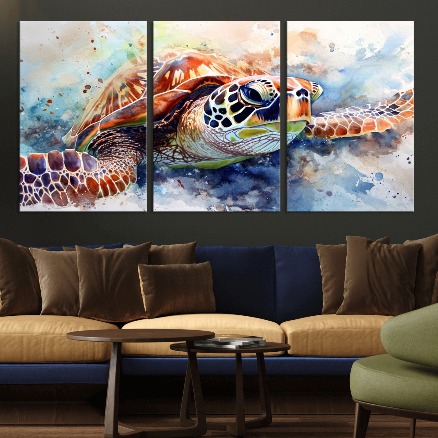 MGV-CV-60X30-3P - Watercolor Sea Turtle Wall Art Canvas Print - Vibrant Ocean Colors in Watercolor Style - Ready to