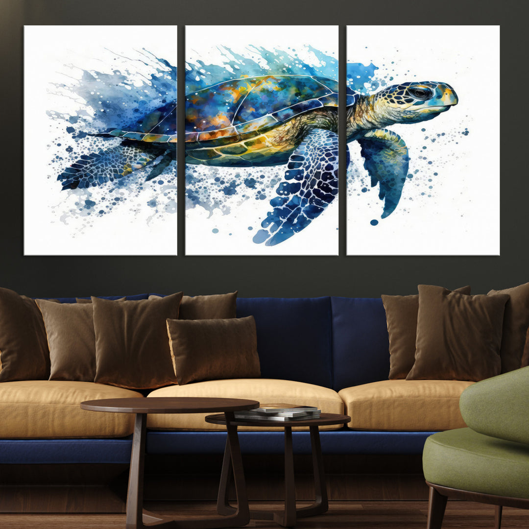 The Turtle Wall Art Print, featuring blue splashes, beautifully showcases Ocean Life.