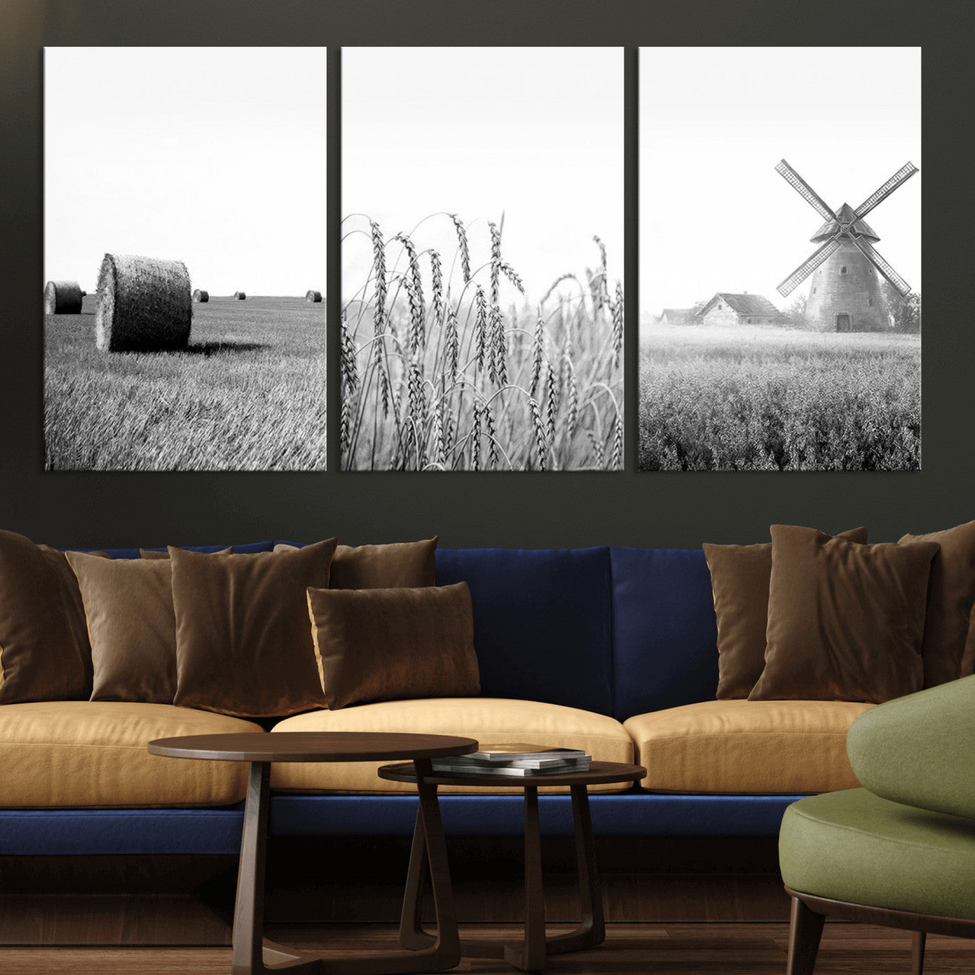 MGV-CV-60X30-3P - Vintage Farmhouse Black and White Triptych Wall Art – Giclee Canvas Featuring Wheat Fields, Hay