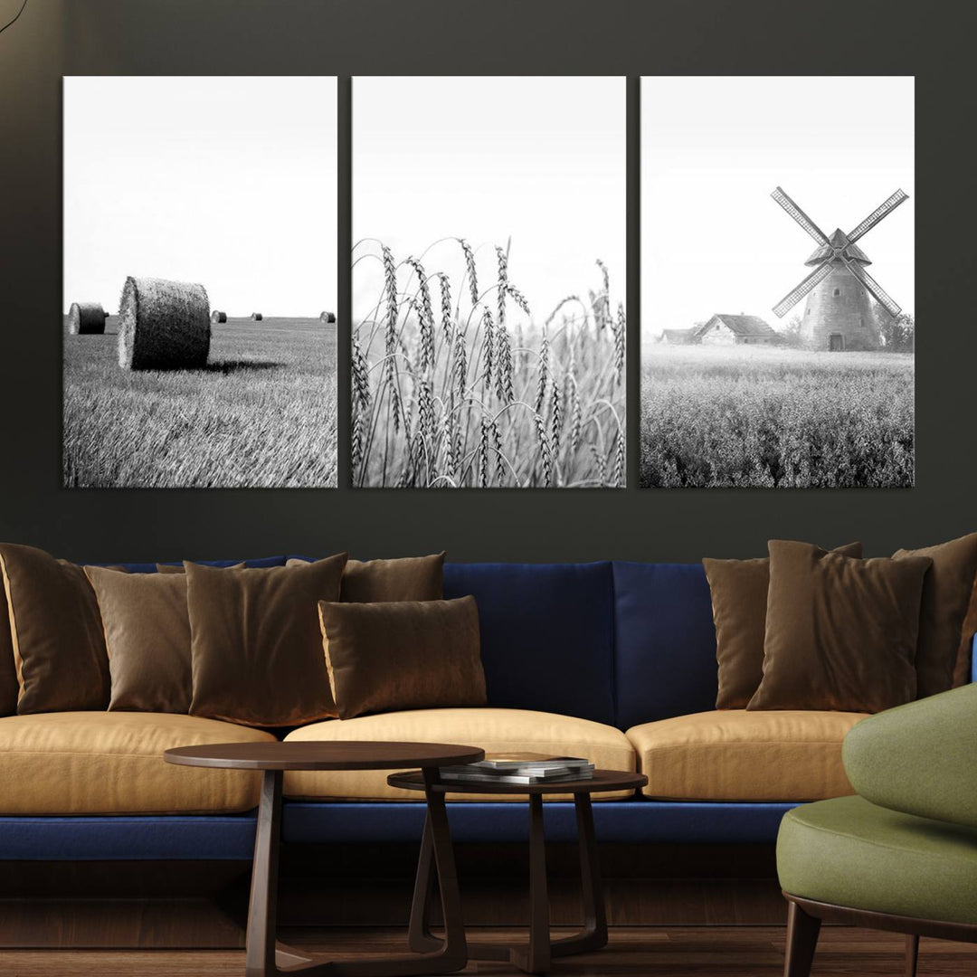 Black and white farmhouse triptych canvas featuring wheat fields, hay bales, and a windmill. Perfect for rustic or country-style home decor