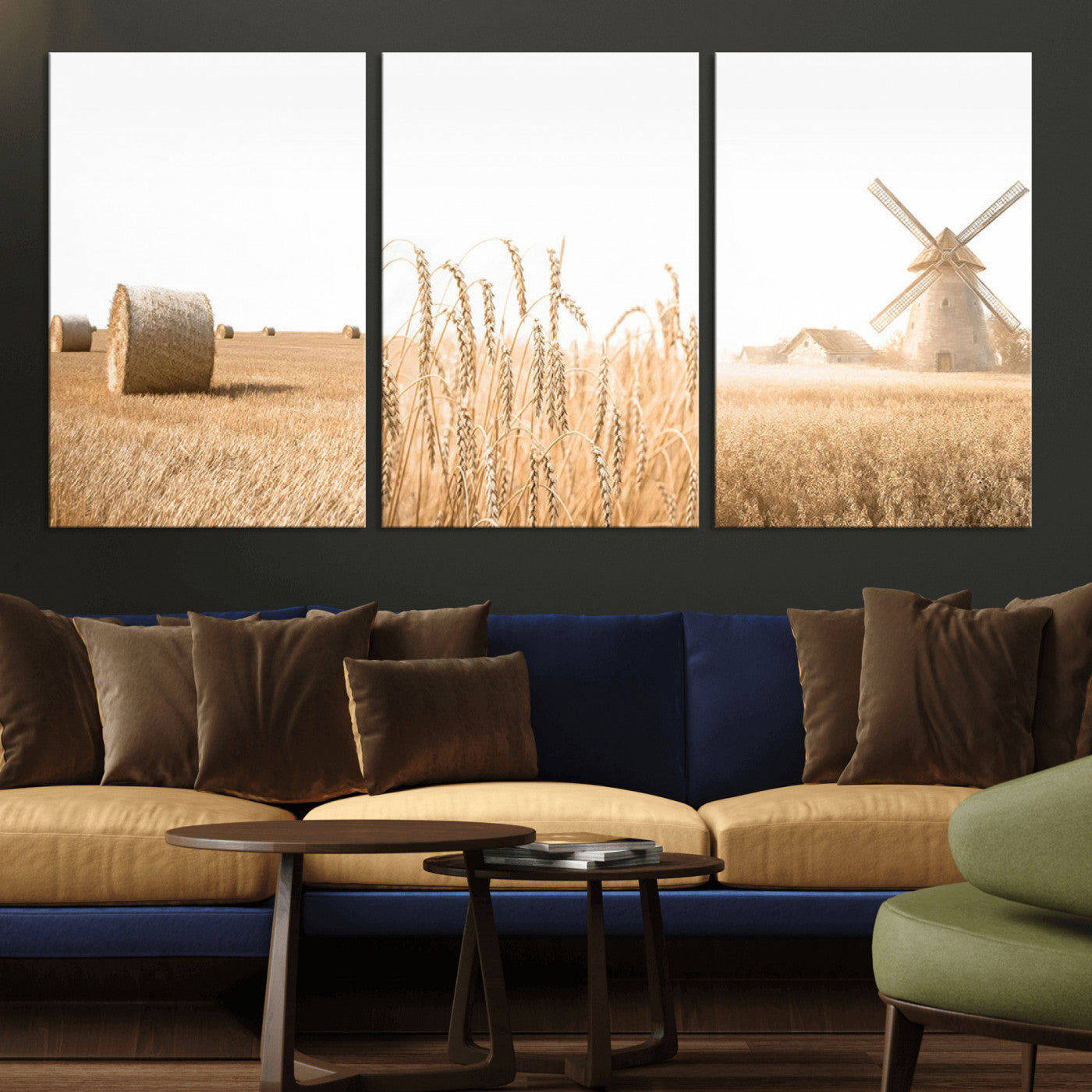 MGV-CV-60X30-3P - Vintage Farmhouse Triptych Wall Art – Giclée Canvas Featuring Wheat Fields, Hay Bales, and a