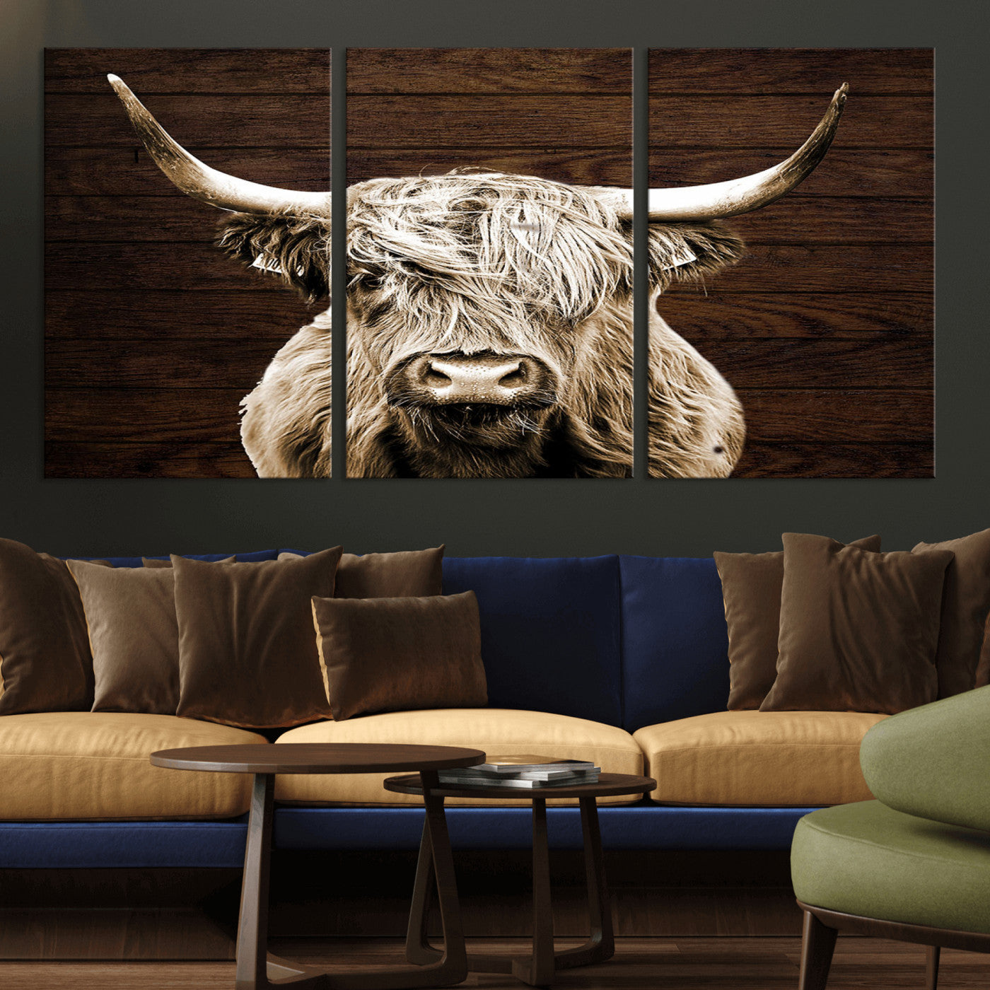MGV-CV-60X30-3P - Highland Cow Wall Art Canvas Print, Rustic Farmhouse Decor, Majestic Scottish Highland Bull Portrait