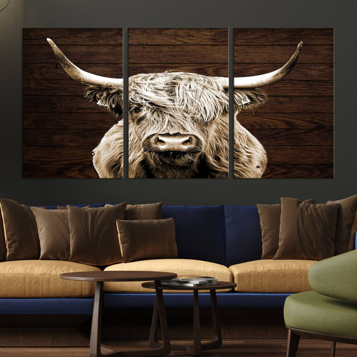 Highland Cow Wall Art Canvas Print, Rustic Farmhouse Decor, Majestic Scottish Highland Bull Portrait for Living Room – Ready to Hang