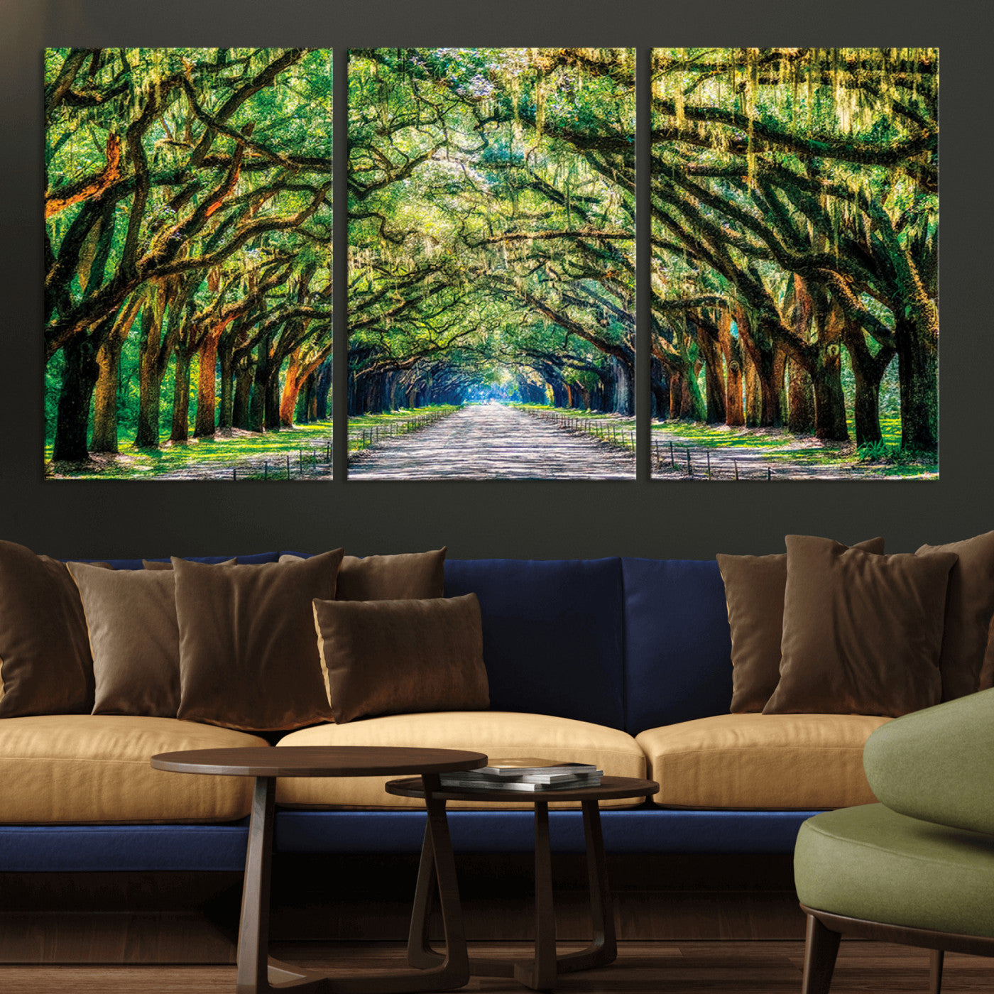 MGV-CV-60X30-3P - Serene Tree Tunnel Wall Art Canvas Print – Pathway Under Canopy of Lush Green Trees, Nature-Inspired