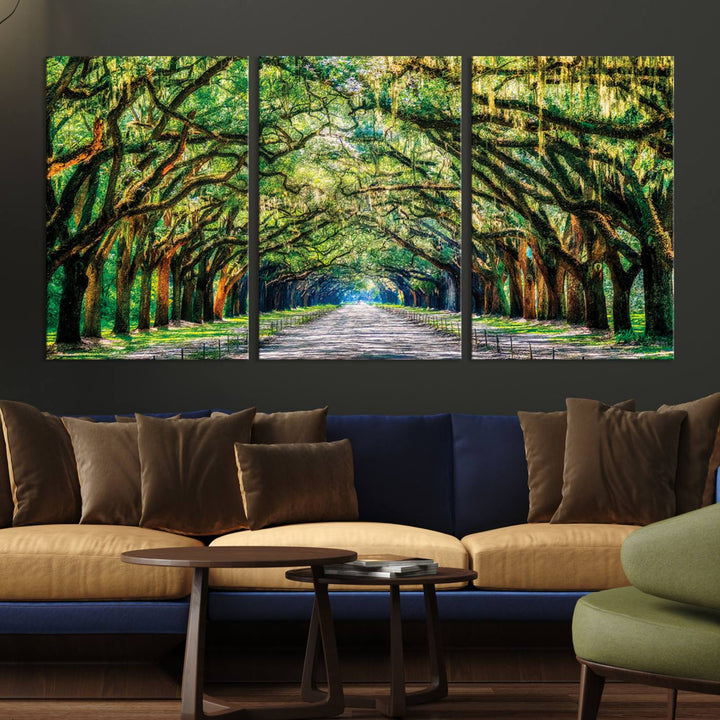 Serene Tree Tunnel Wall Art Canvas Print – Pathway Under Canopy of Lush Green Trees, Nature-Inspired Decor for Living Room – Ready to Hang