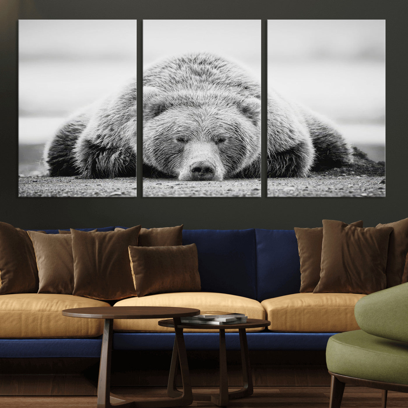 MGV-CV-60X30-3P - Resting Grizzly Bear Wall Art Canvas Print – Majestic Lazy Black and White Wildlife Bear Art,