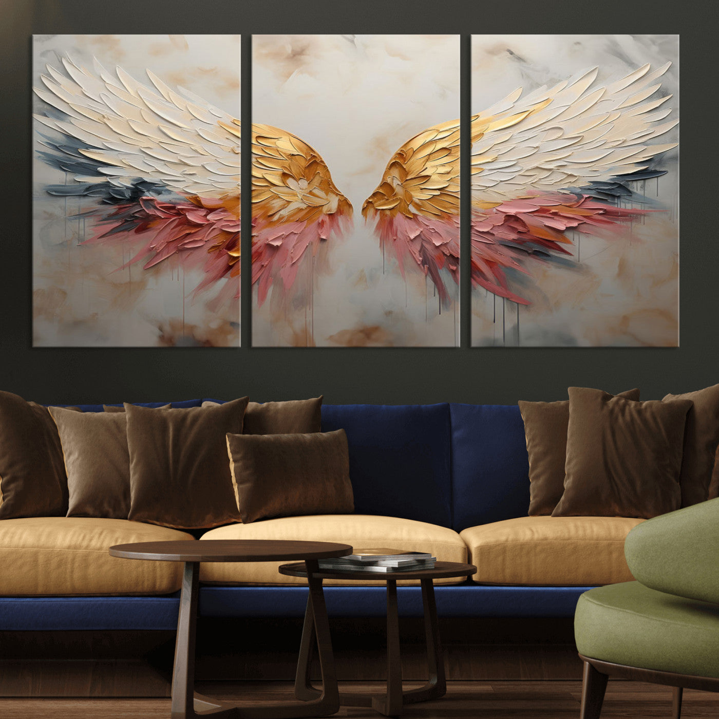 MGV-CV-60X30-3P - Golden Angel Wings Wall Art Canvas Print – Stunning Abstract Winged Art for Elegant Home Decor –