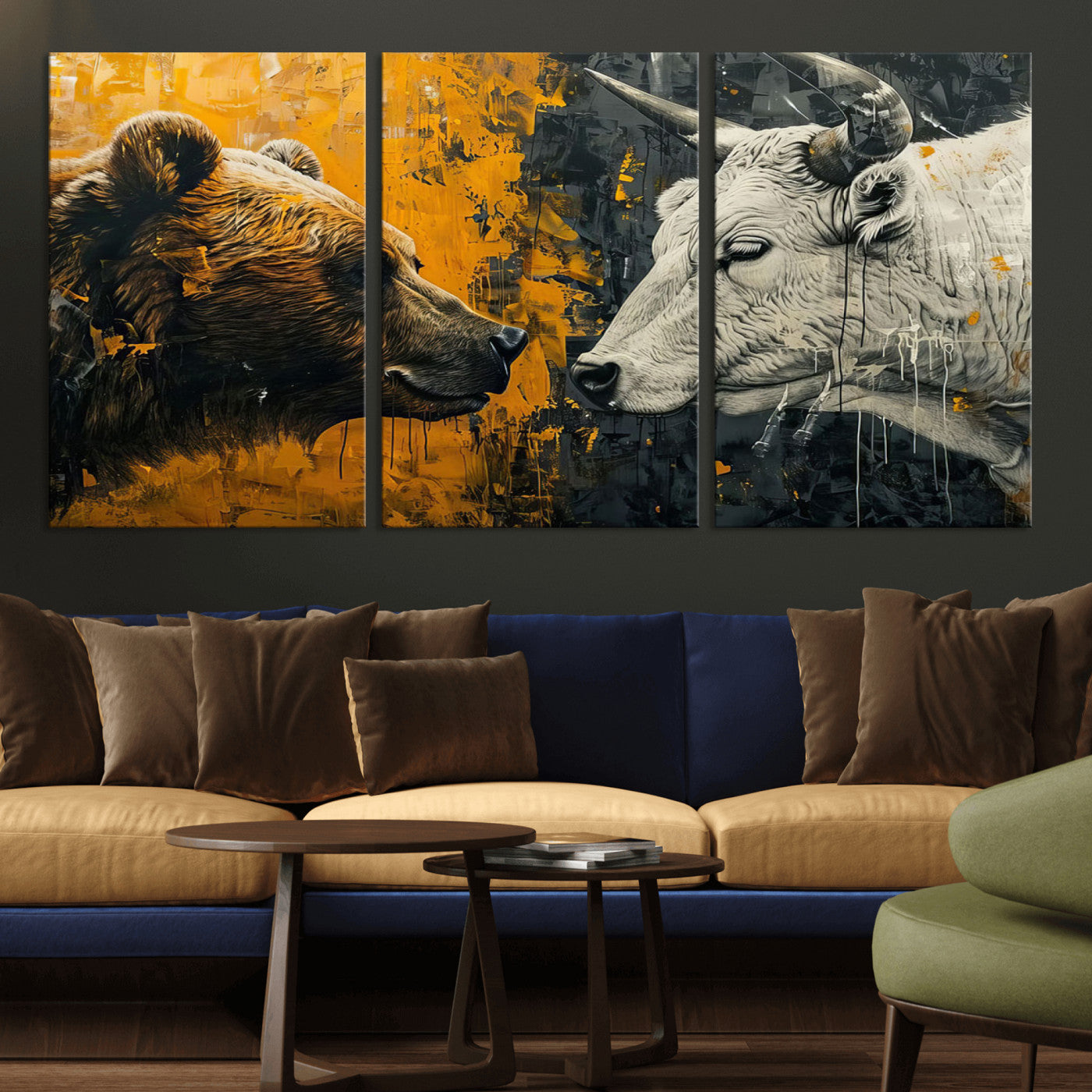 MGV-CV-60X30-3P - Bear and Bull Wall Art Canvas Print – Abstract Animal Portrait Painting for Modern Home Decor –
