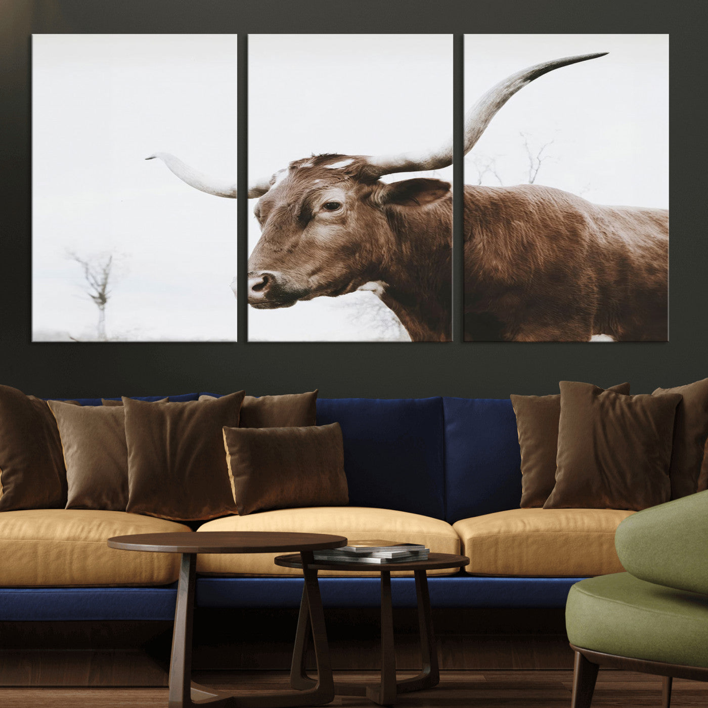 MGV-CV-60X30-3P - Rustic Bull Wall Art Canvas Print – Modern Longhorn Farmhouse Animal Decor – Abstract Farm Cow