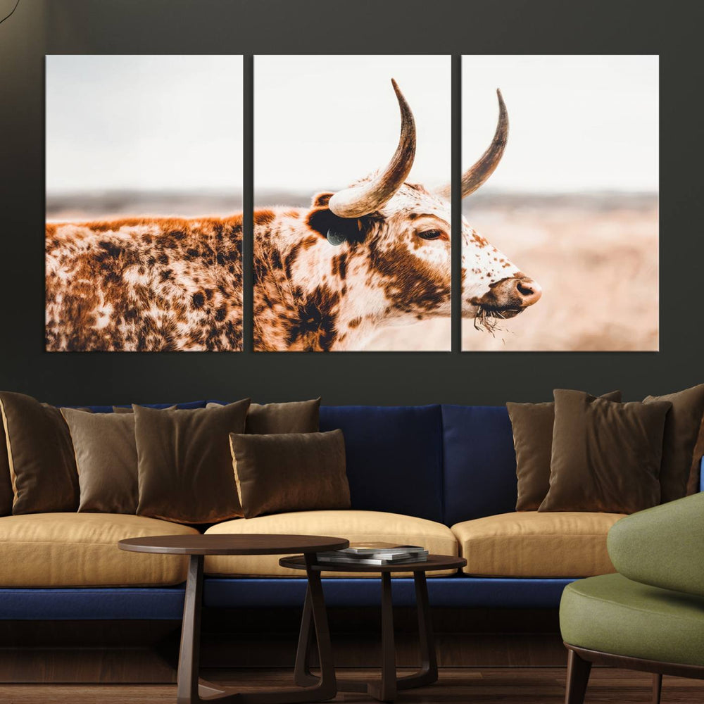 The Speckled Bull Canvas Print adds rustic charm, enhancing the wall art decor.