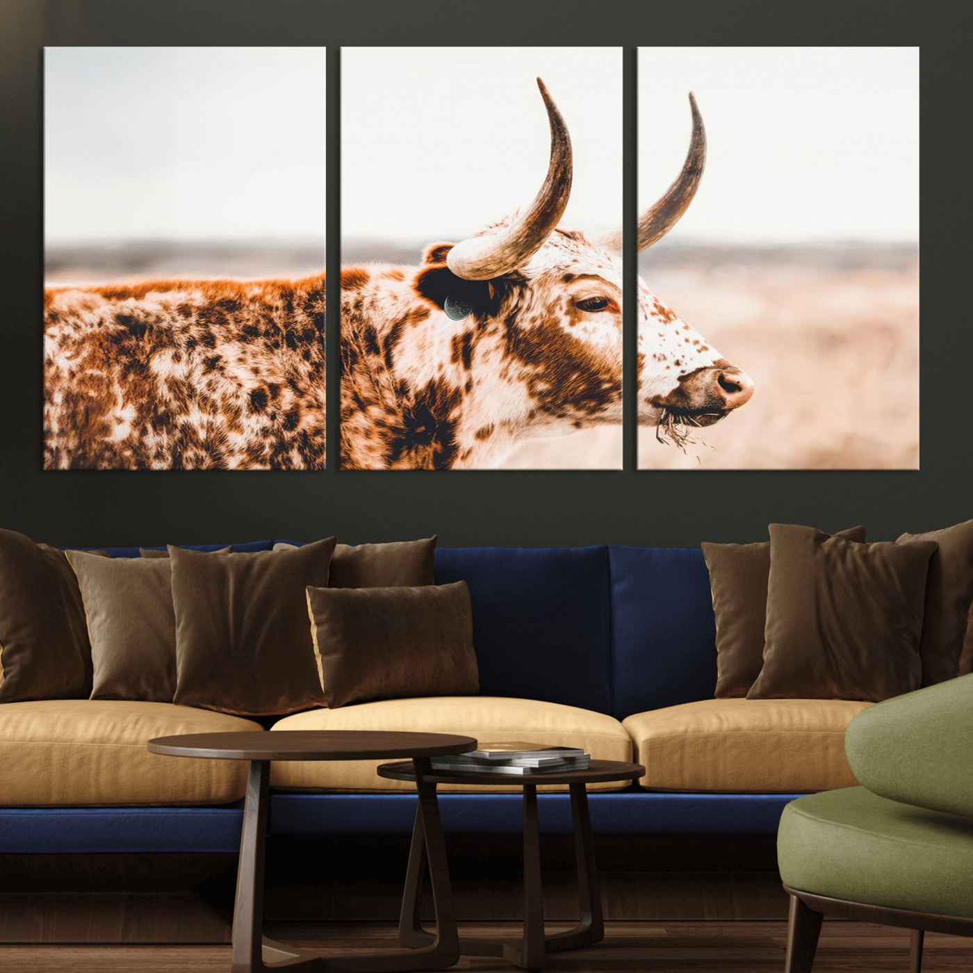 -Speckled Bull Wall Art Canvas Print – Rustic Cow Longhorn Farmhouse Animal Decor – Western Longhorn