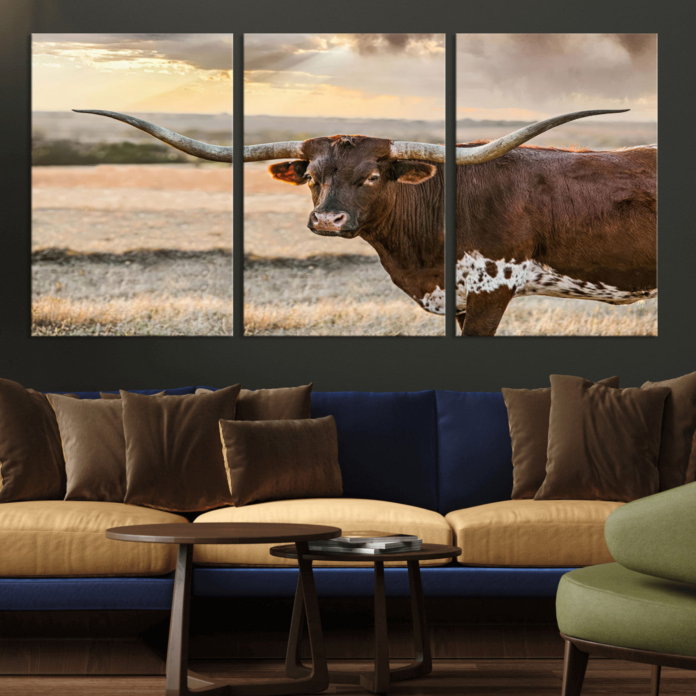 MGV-CV-60X30-3P - Texas Longhorn Wall Art Canvas Print, Rustic Ranch Decor, Majestic Western Longhorn Cattle