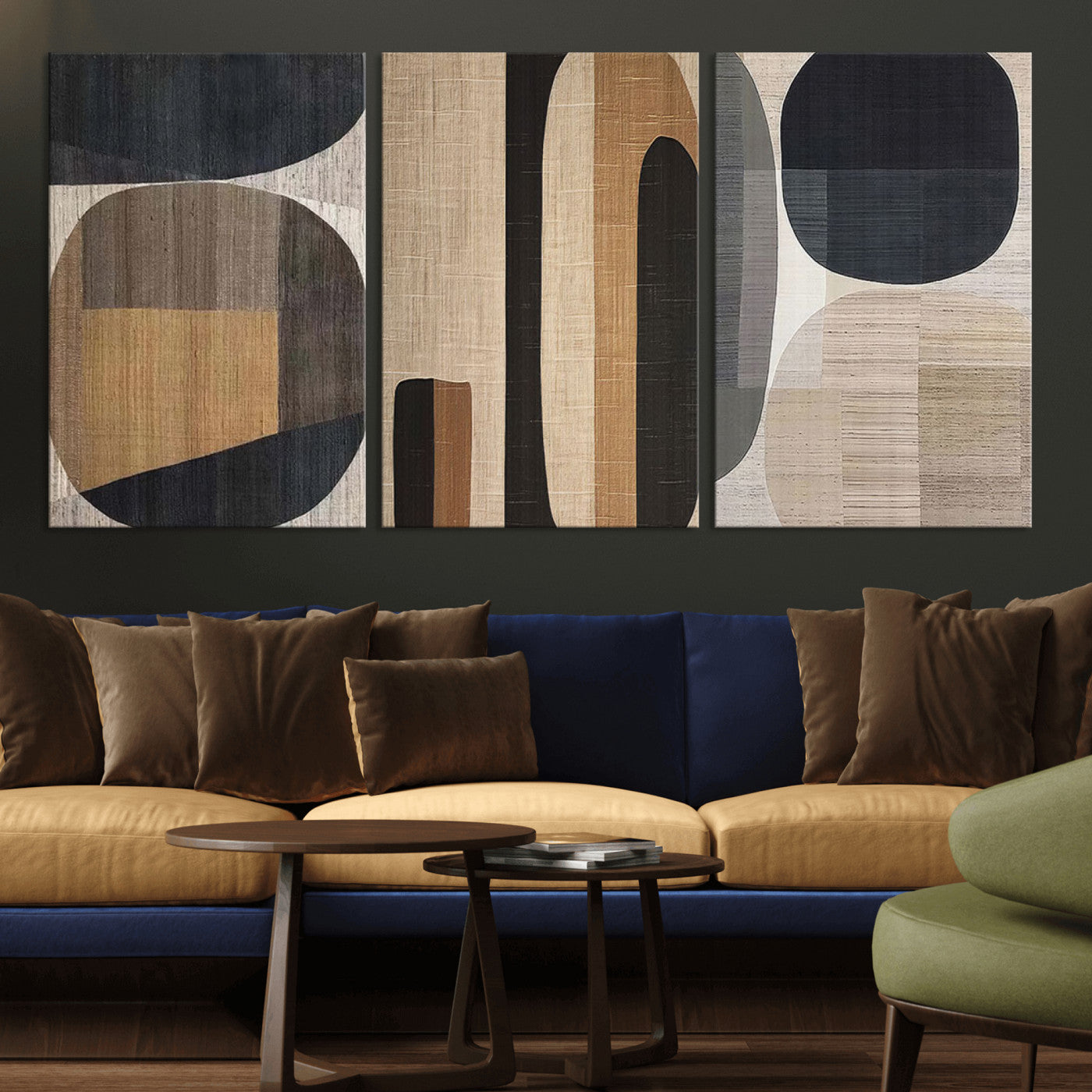 MGV-CV-60X30-3P - Abstract Minimalist Canvas Wall Art - Neutral Geometric Modern Boho Decor, Minimalist Brown Wabi