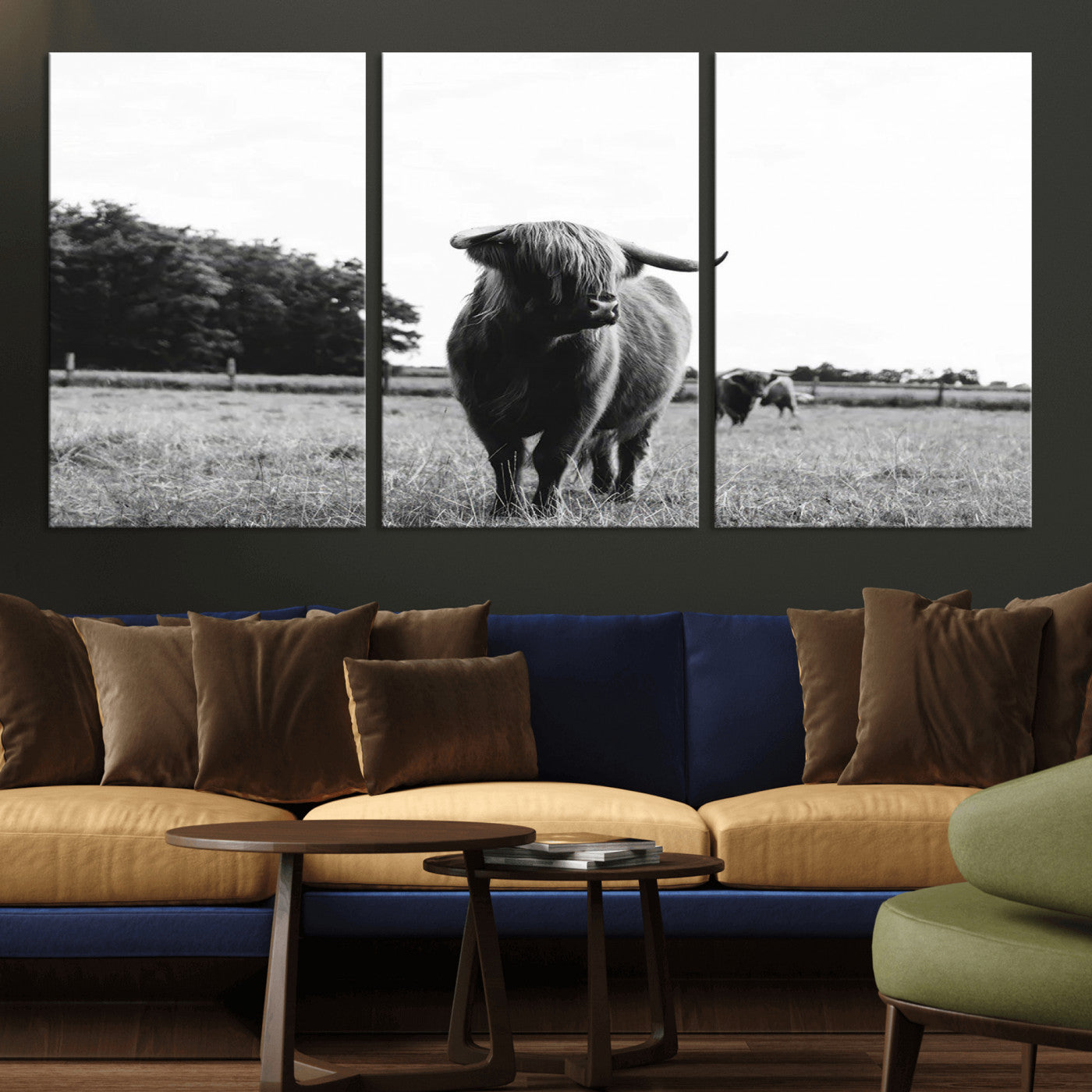MGV-CV-60X30-3P - Black and White Highland Cow Wall Art Canvas Print | Rustic Western Decor for Living Room or Office,