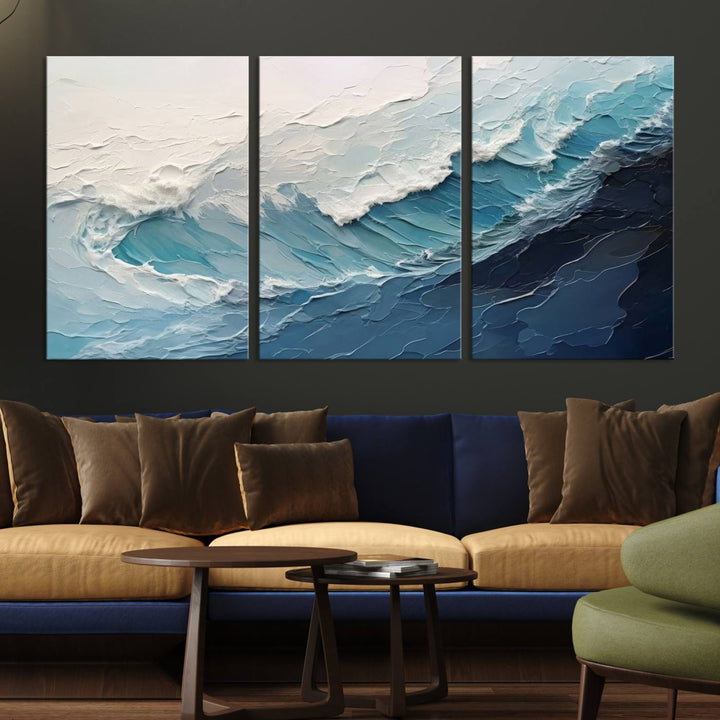 The Blue Abstract Wave Ocean Wall Art Canvas Print hangs prominently.