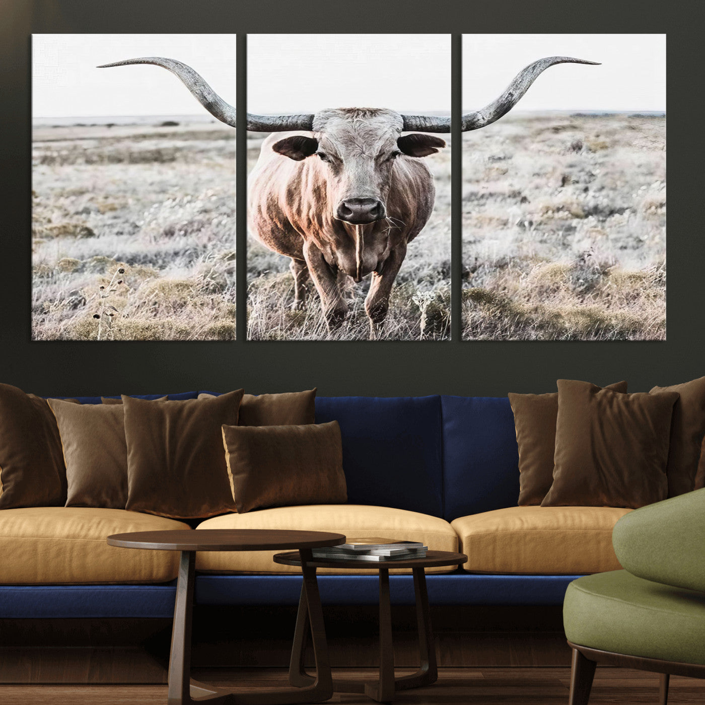 -Rustic Texas Longhorn Wall Art Canvas Print | Western Farmhouse Decor for Living Room or Office,