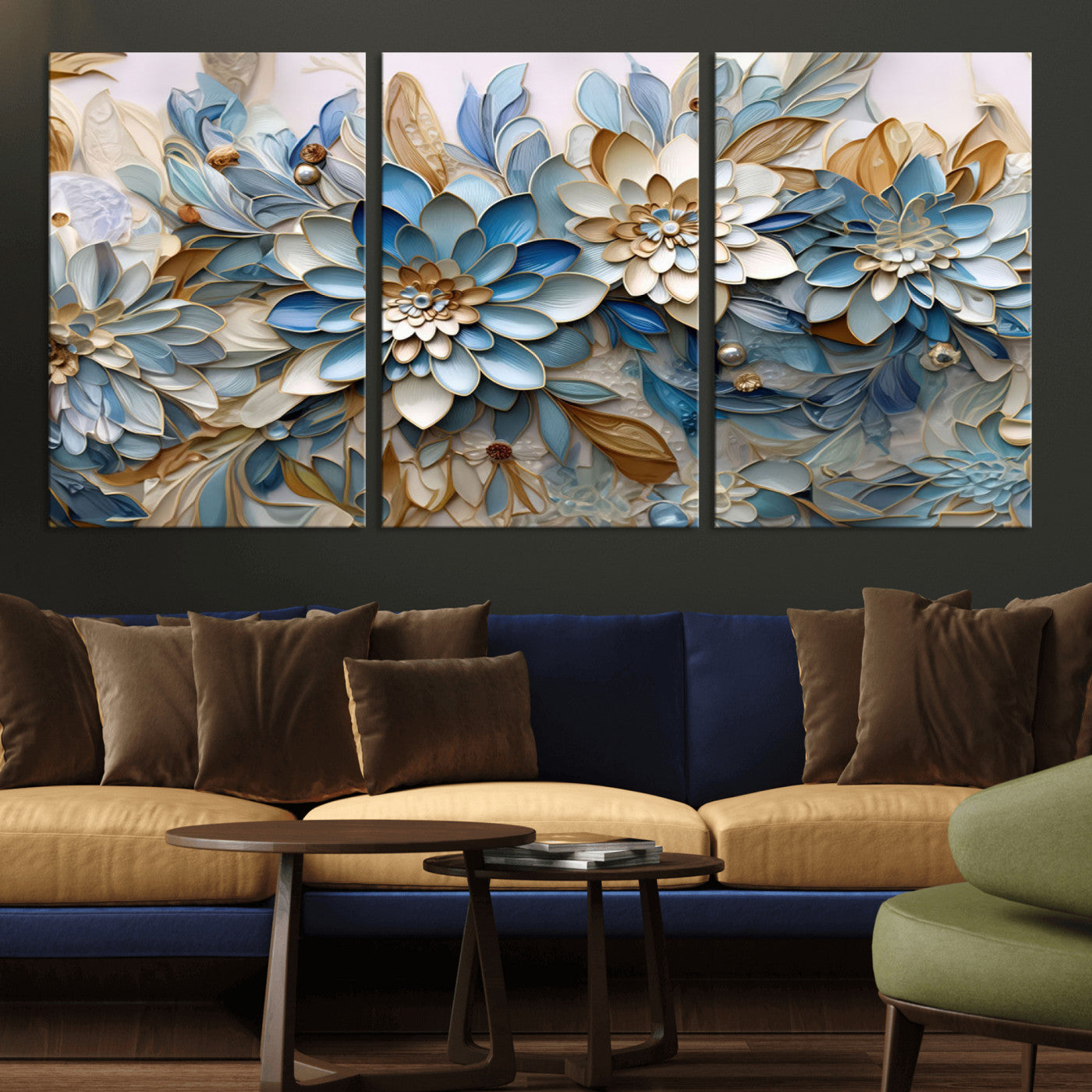 MGV-CV-60X30-3P - Blu Abstract Flower Wall Art Canvas Print