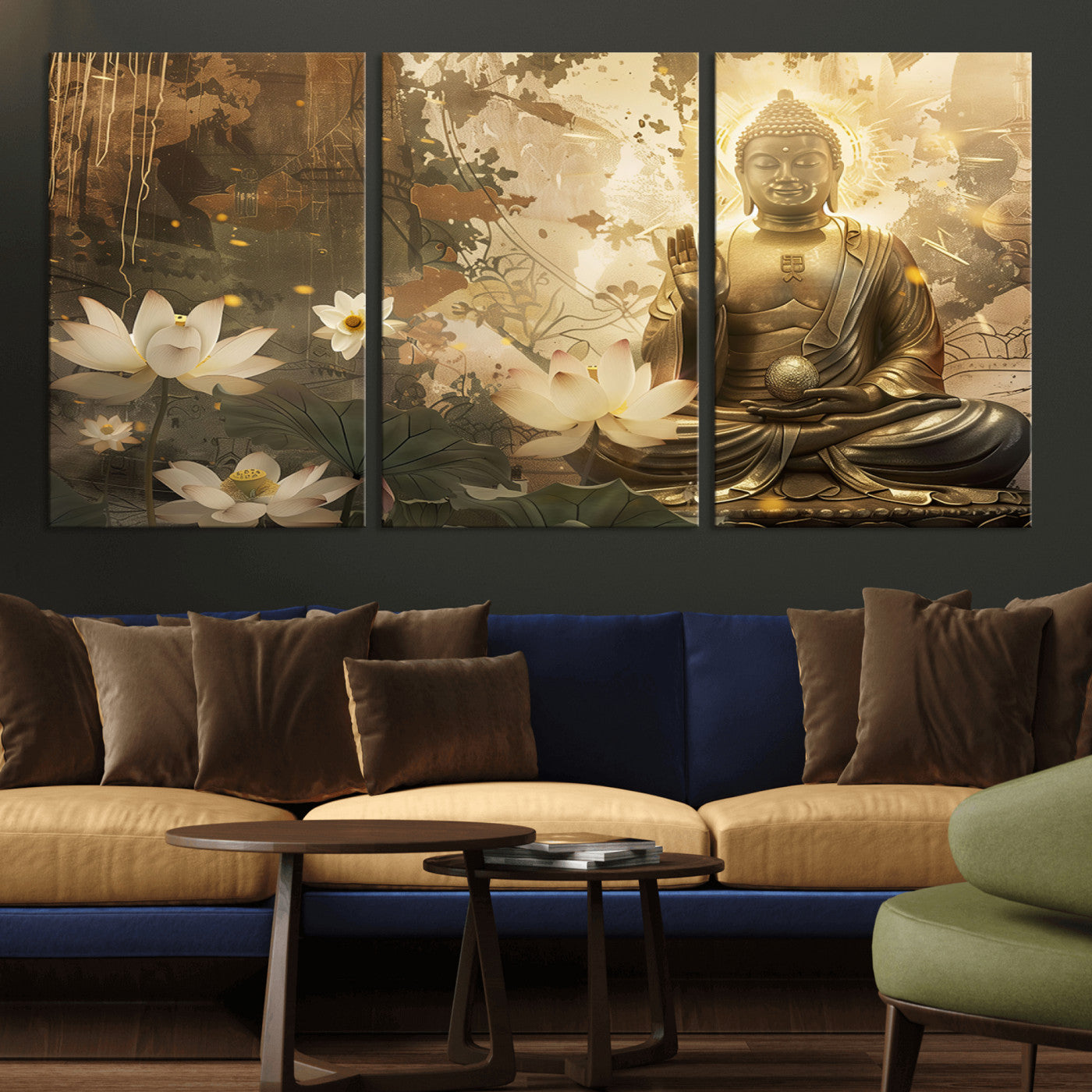 MGV-CV-60X30-3P - Zen Buddha Wall Art Canvas Print | Peaceful Meditation Decor with Lotus Flowers | Spiritual Serenity