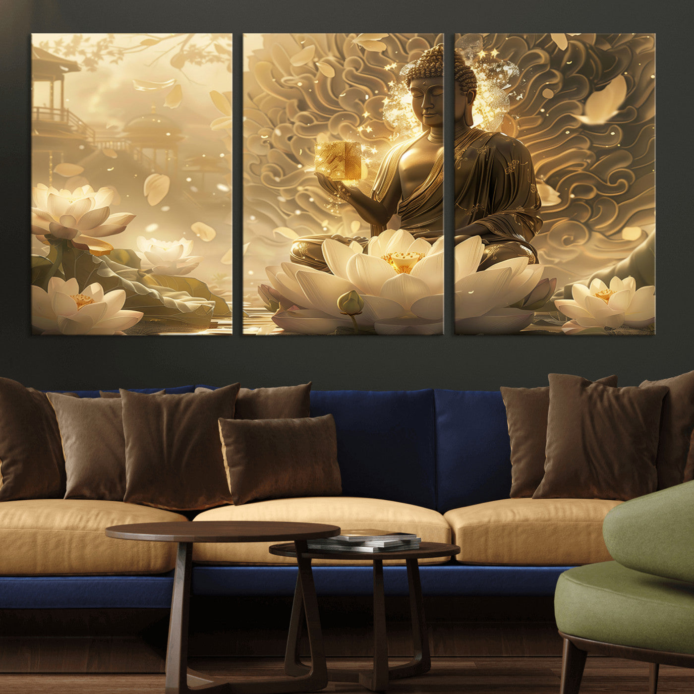 MGV-CV-60X30-3P - Golden Buddha Wall Art | Yoga Room Decor and Meditation Room Wall Art | Framed and Ready to Hang