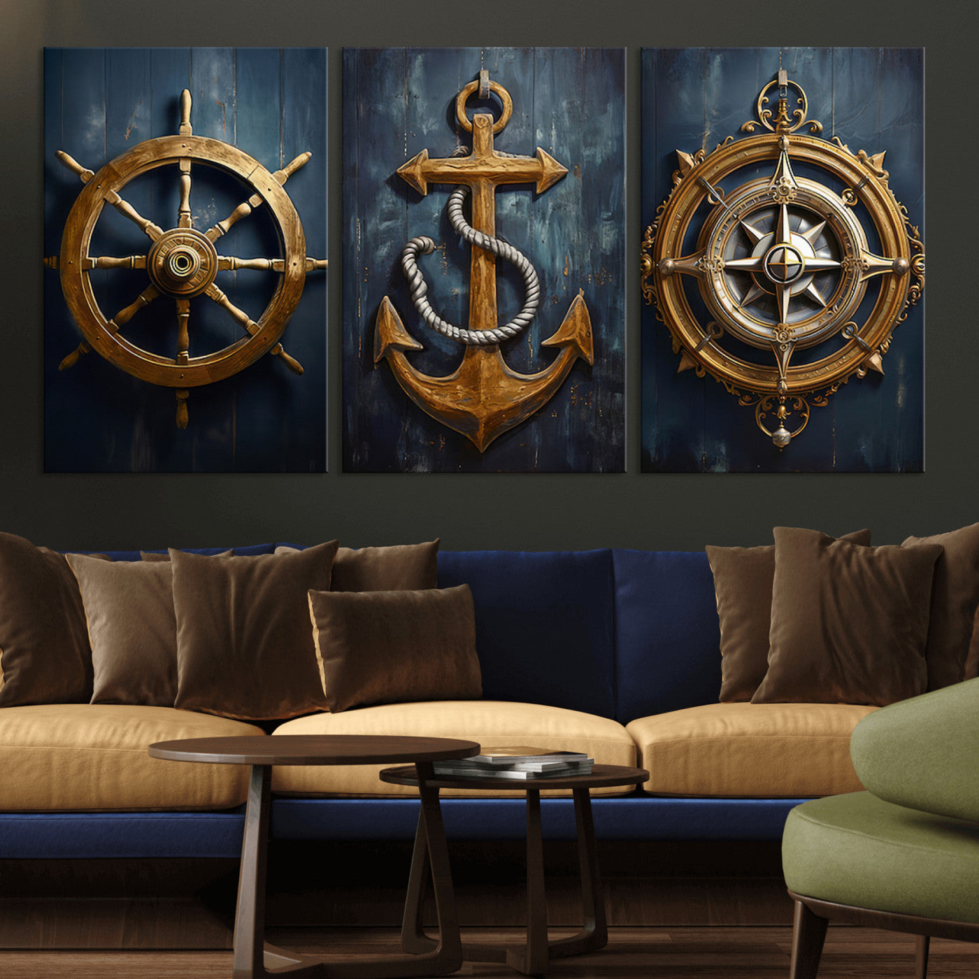 MGV-CV-60X30-3P - Boat Anchor Compass With Rope Wall Art Canvas Print | Beach House Wall Art