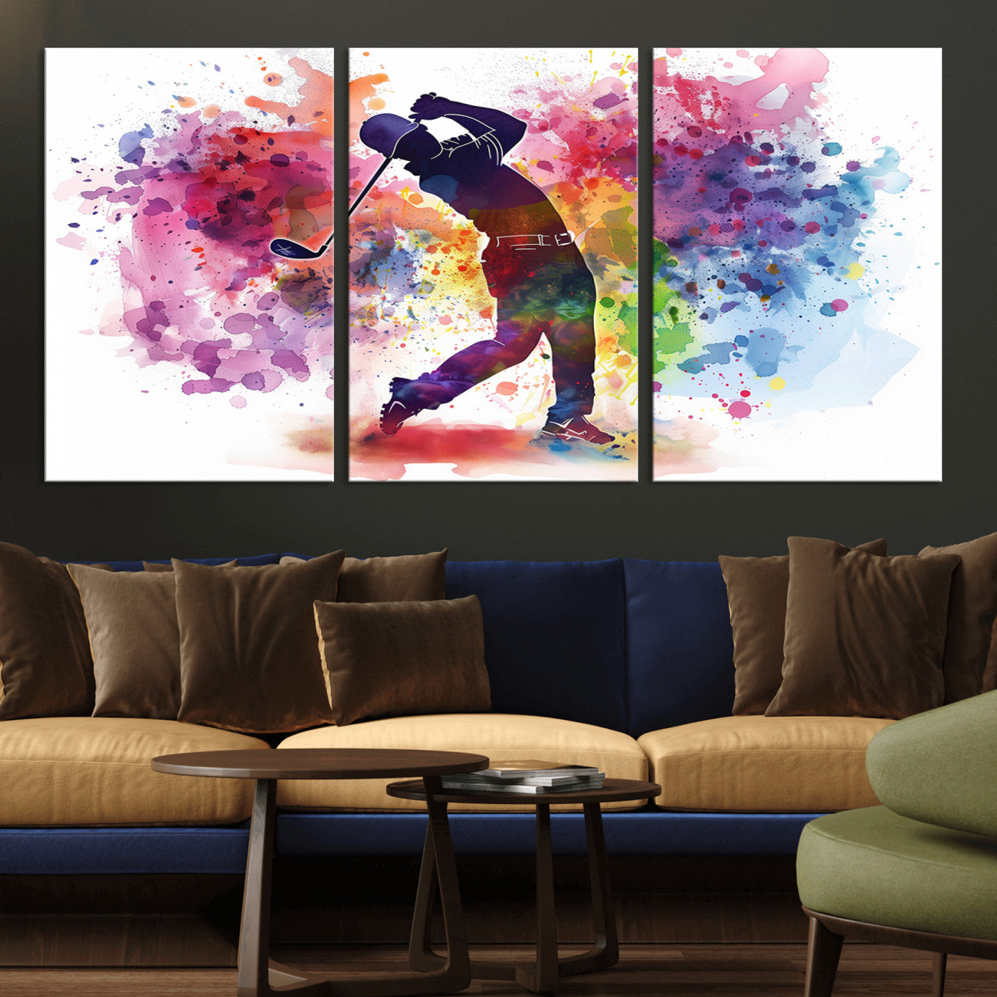 MGV-CV-60X30-3P - Colorful Golfer Swing Wall Art Canvas Print - Ready to Hang, Framed Sports Decor