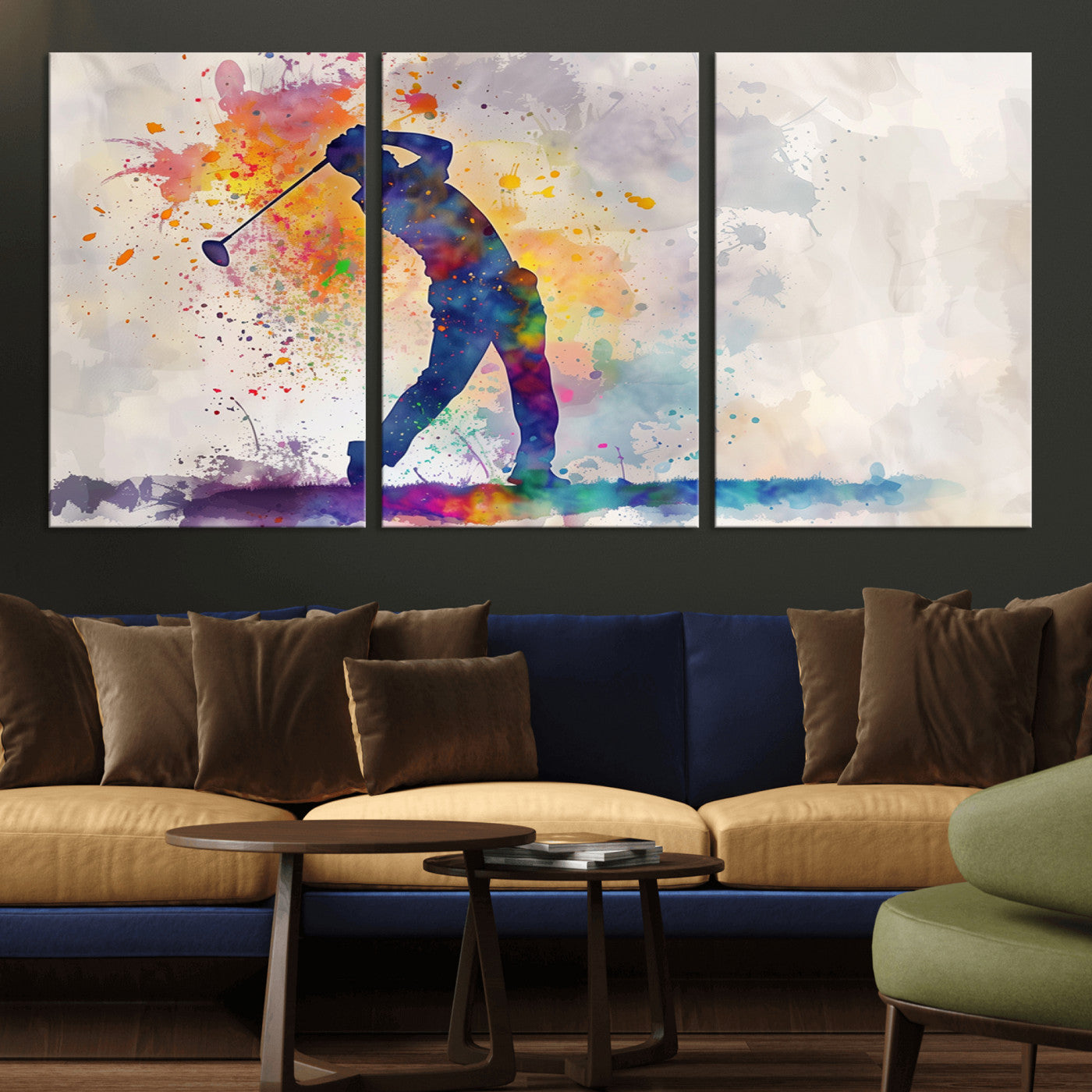 MGV-CV-60X30-3P - Watercolor Golf Swing Wall Art Canvas Print | Vibrant Abstract Golf Player Silhouette |