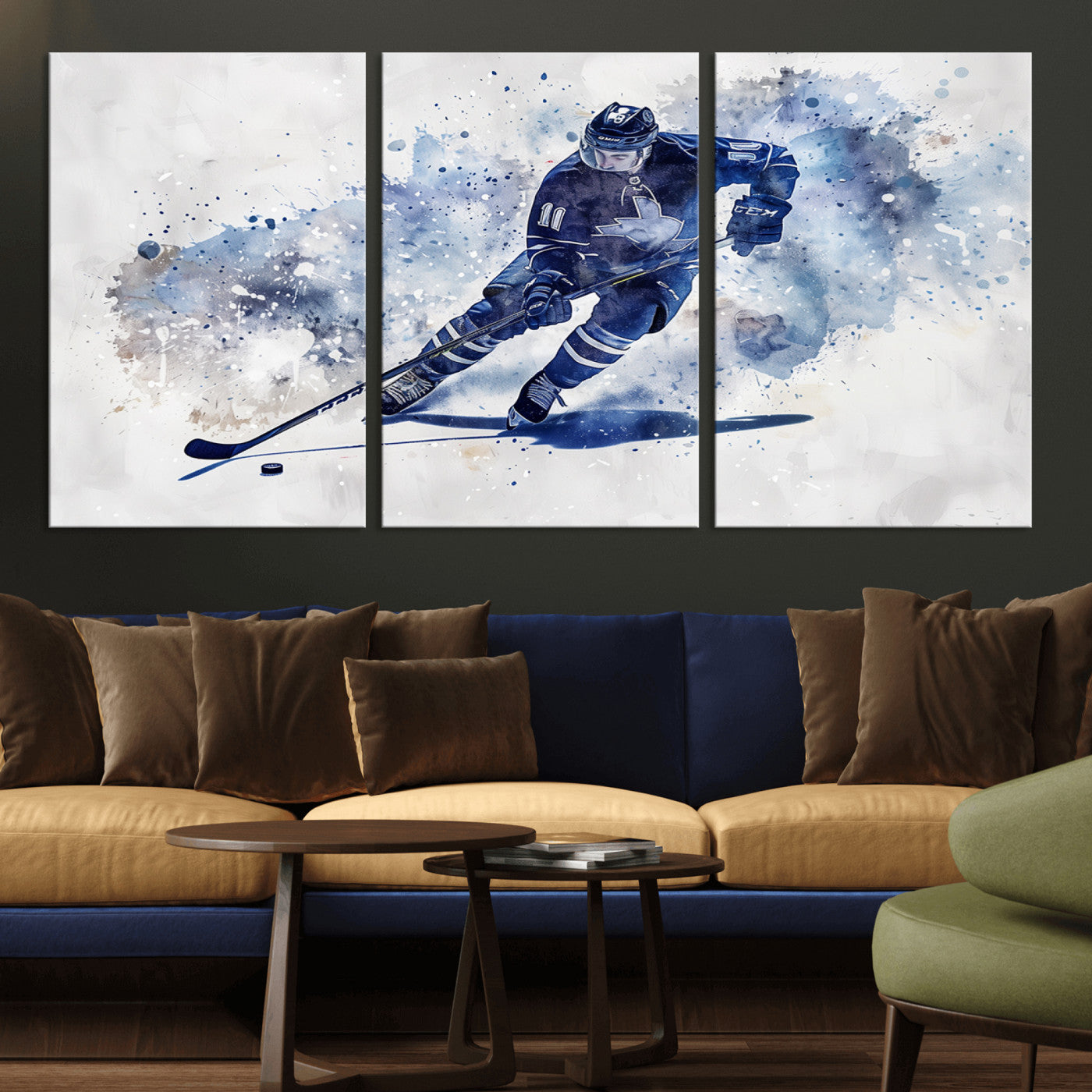 MGV-CV-60X30-3P - Hockey Player Wall Art Canvas Print - Sports-Inspired Watercolor Decor - Ready to Hang