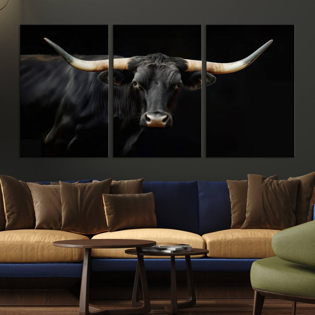 Texas Longhorn Cow | Majestic Black Bull Wall Art Canvas Print - Farmhouse Animal Decor - Ready to Hang