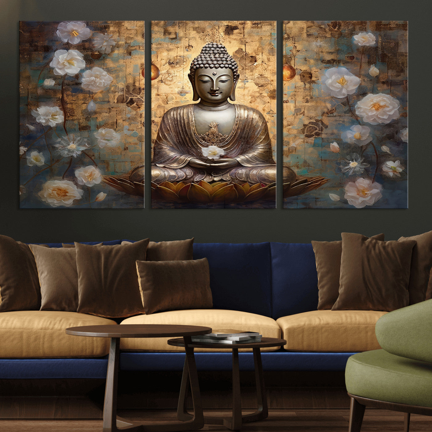 MGV-CV-60X30-3P - Golden Buddha Wall Art Canvas Print | Zen Meditation Floral Decor | Tranquil Spiritual Home Art |