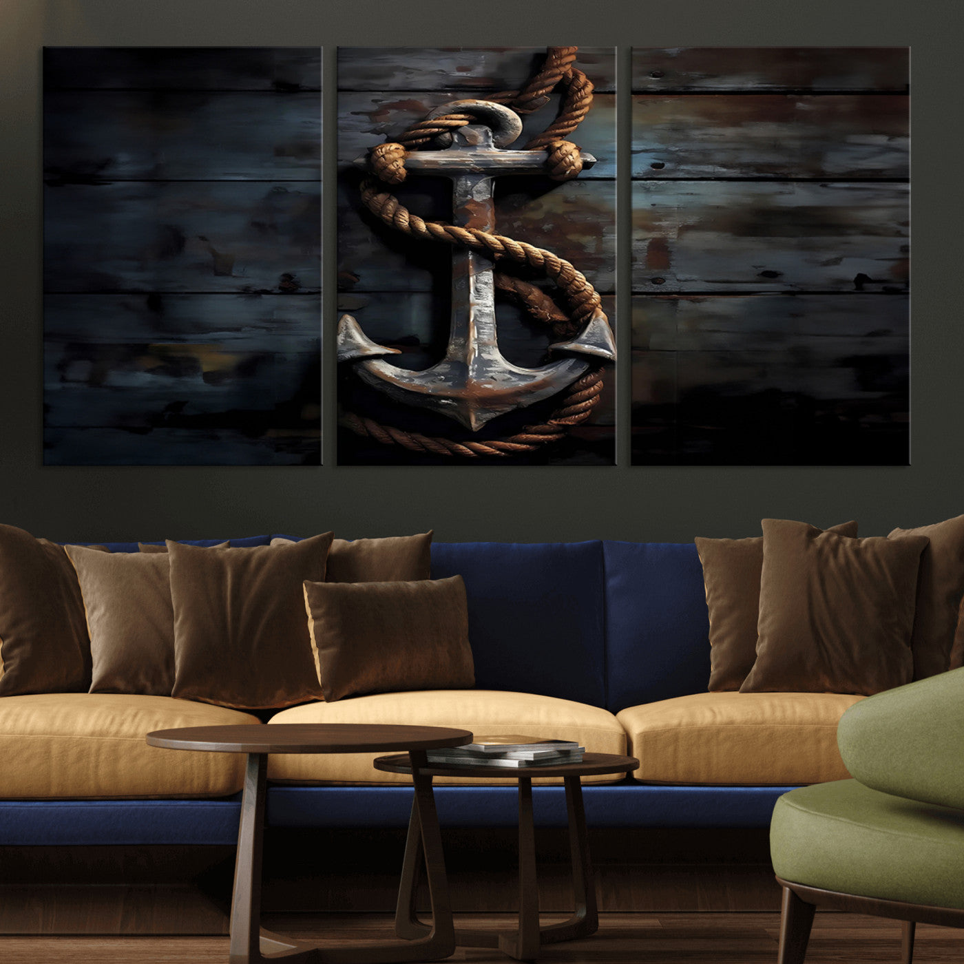 MGV-CV-60X30-3P - 3 Panel Grunge Abstract Anchor Wall Art Canvas Print Set