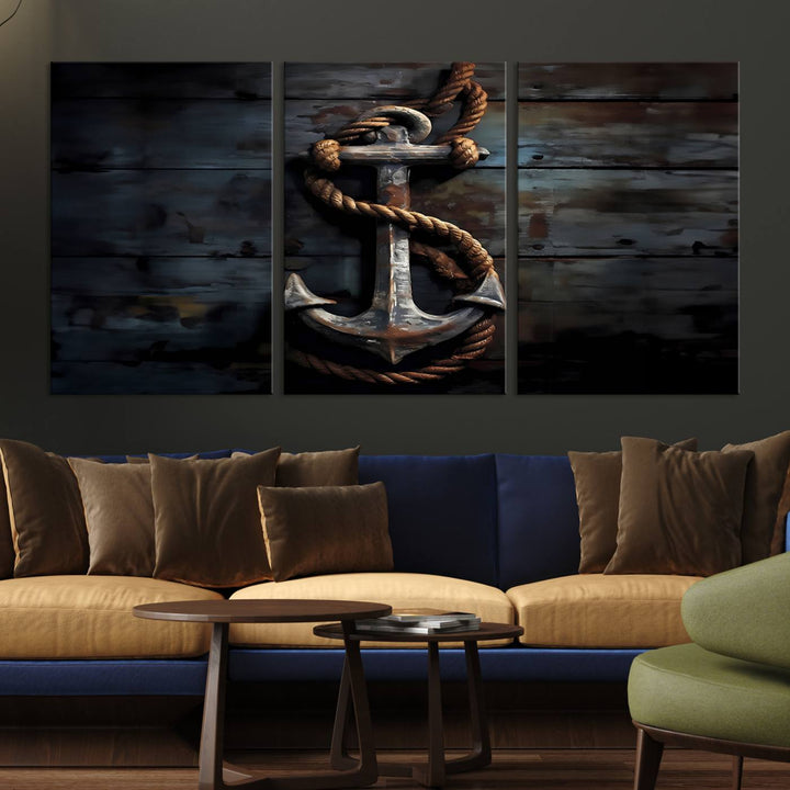 The wooden wall displays a 3 Panel Grunge Abstract Anchor Wall Art Canvas Print Set.