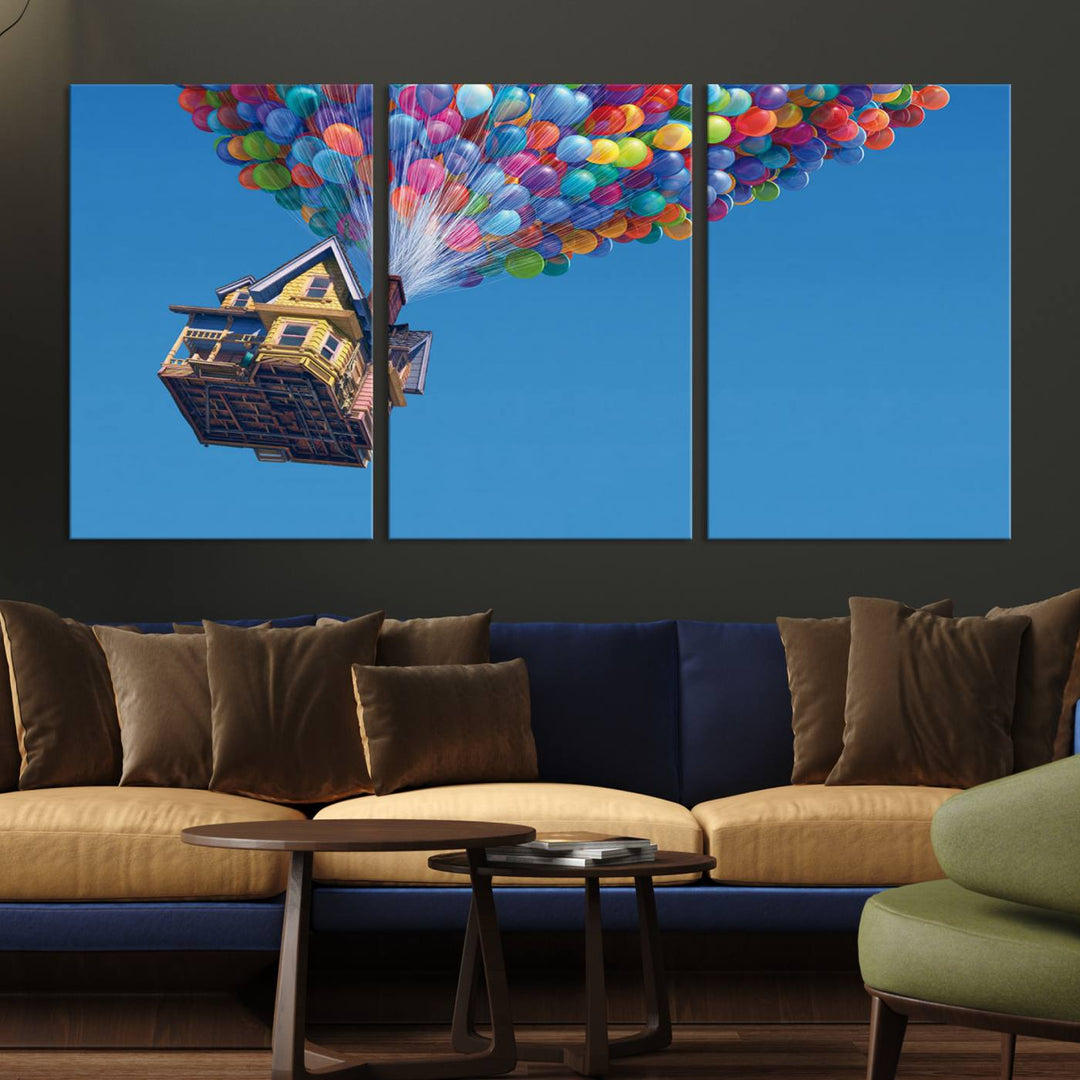 The "Carl Fredricksen, Up Movie Wall Art" features a three-panel design with a house lifted by colorful balloons, adding whimsical decor to any space.