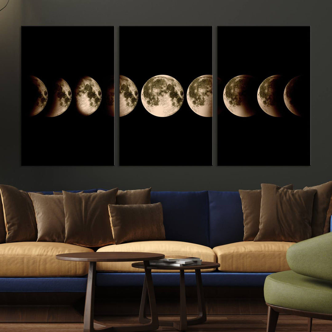 The "Phases of the Moon Wall Art" canvas print elegantly hangs on the wall.