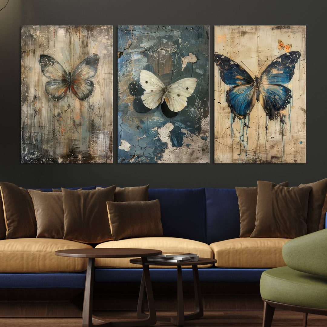 The Butterfly Wall Art Trio, a set of framed vintage butterfly canvas prints, elegantly enhances the space and contributes to the farmhouse decor in the cozy living room.