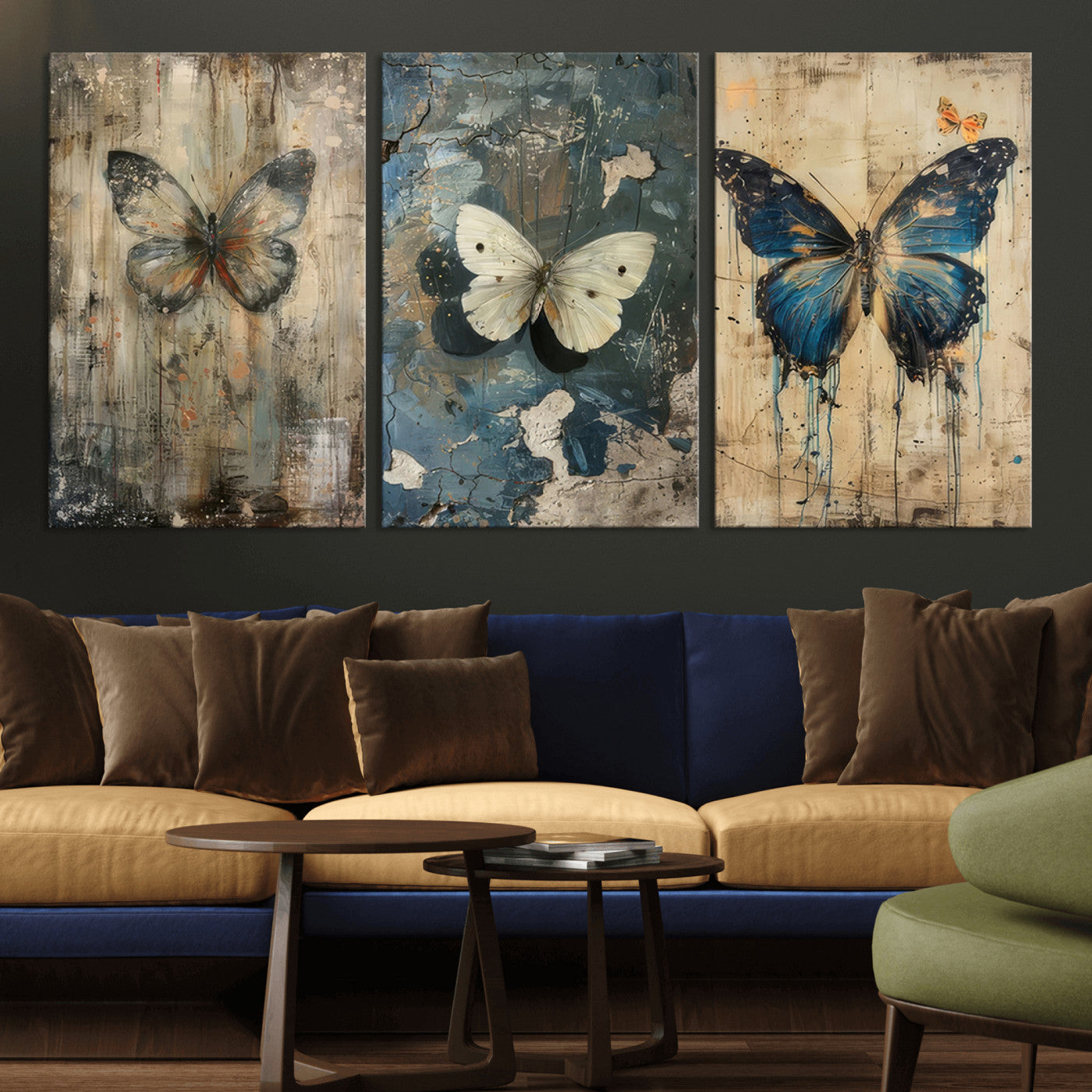 MGV-CV-60X30-3P - Butterfly Wall Art Trio | Vintage Butterfly Canvas Print | Ready to Hang Framed Artwork for