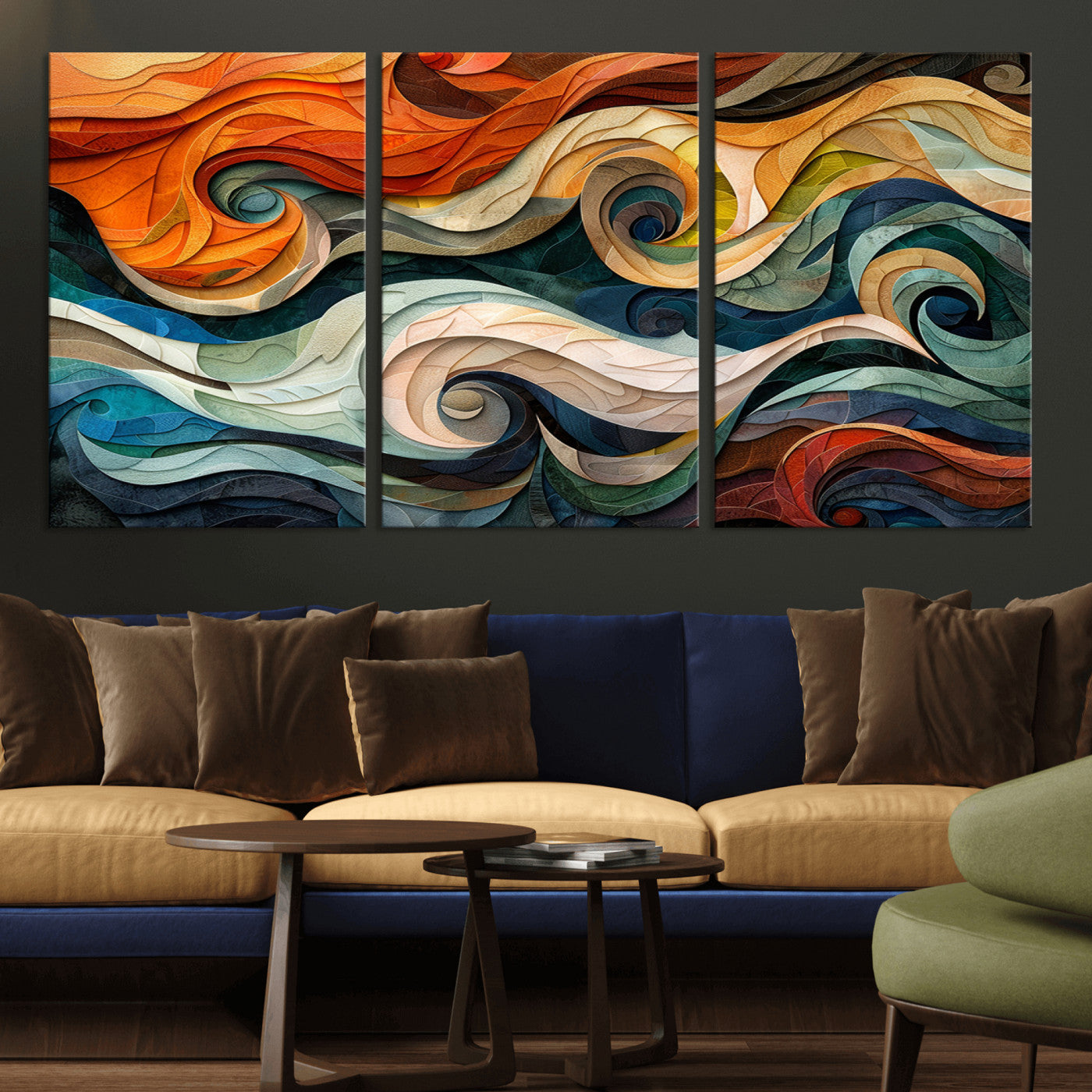 MGV-CV-60X30-3P - Abstract Wave Wall Art | Ready to Hang Framed Canvas Print | Vibrant Home Decor for Modern Spaces