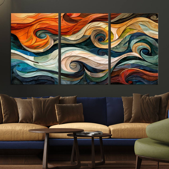 Abstract Wave Wall Art is a ready-to-hang framed canvas print featuring swirling orange, blue, and white patterns. It's perfect for adding vibrant decor to modern spaces.