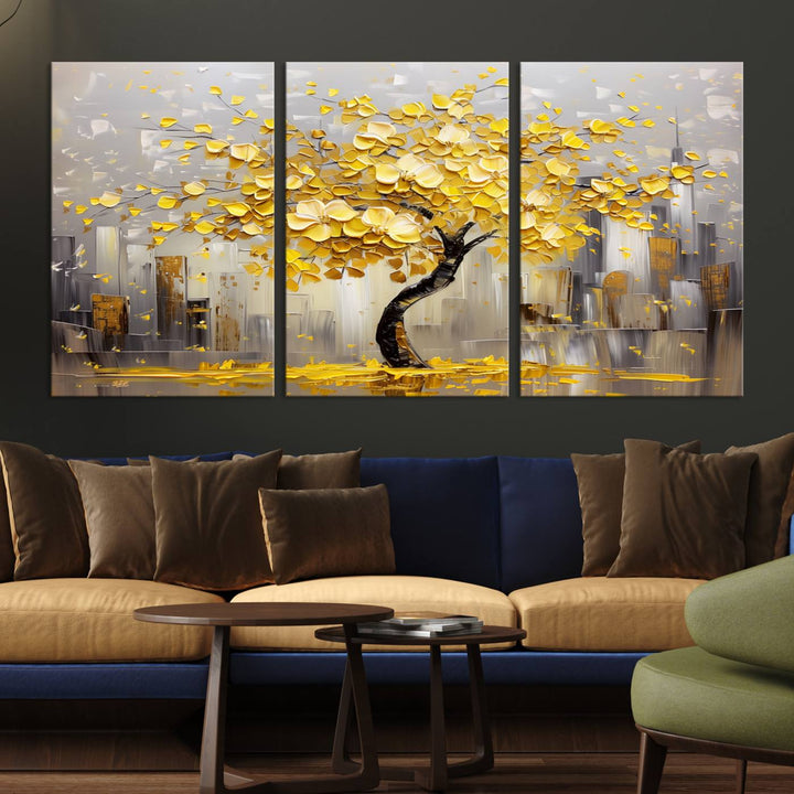 A framed canvas print from the "Golden Tree Canvas Print | Abstract Wall Art for Modern Homes | Ready to Hang Framed Artwork" collection hangs elegantly against the dark wall, epitomizing exquisite abstract wall art.