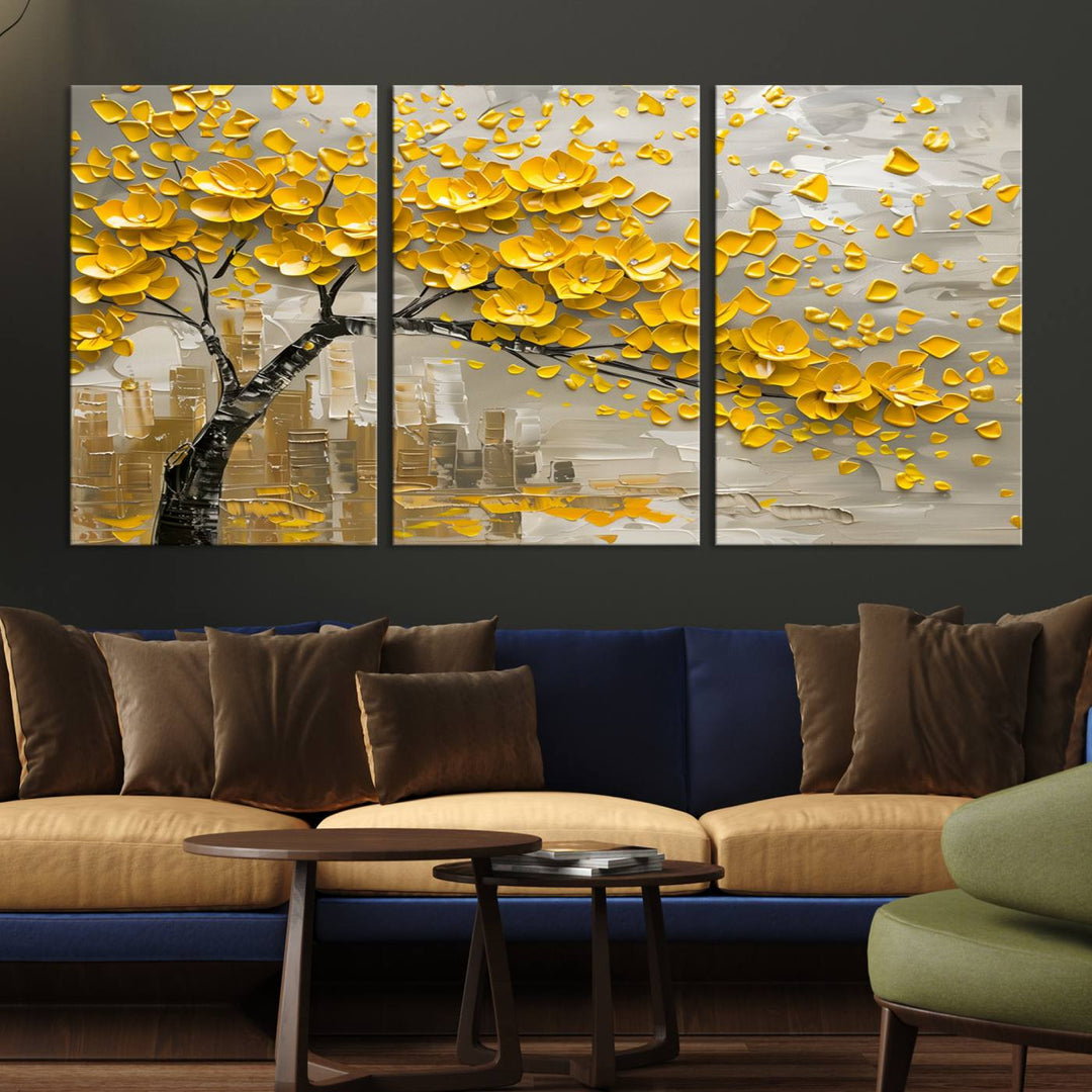 Yellow Blossom Tree Canvas Wall Art, featuring a floral abstract modern design, is elegantly displayed against a dark wall. This sophisticated piece enhances the contemporary aesthetic of the space.