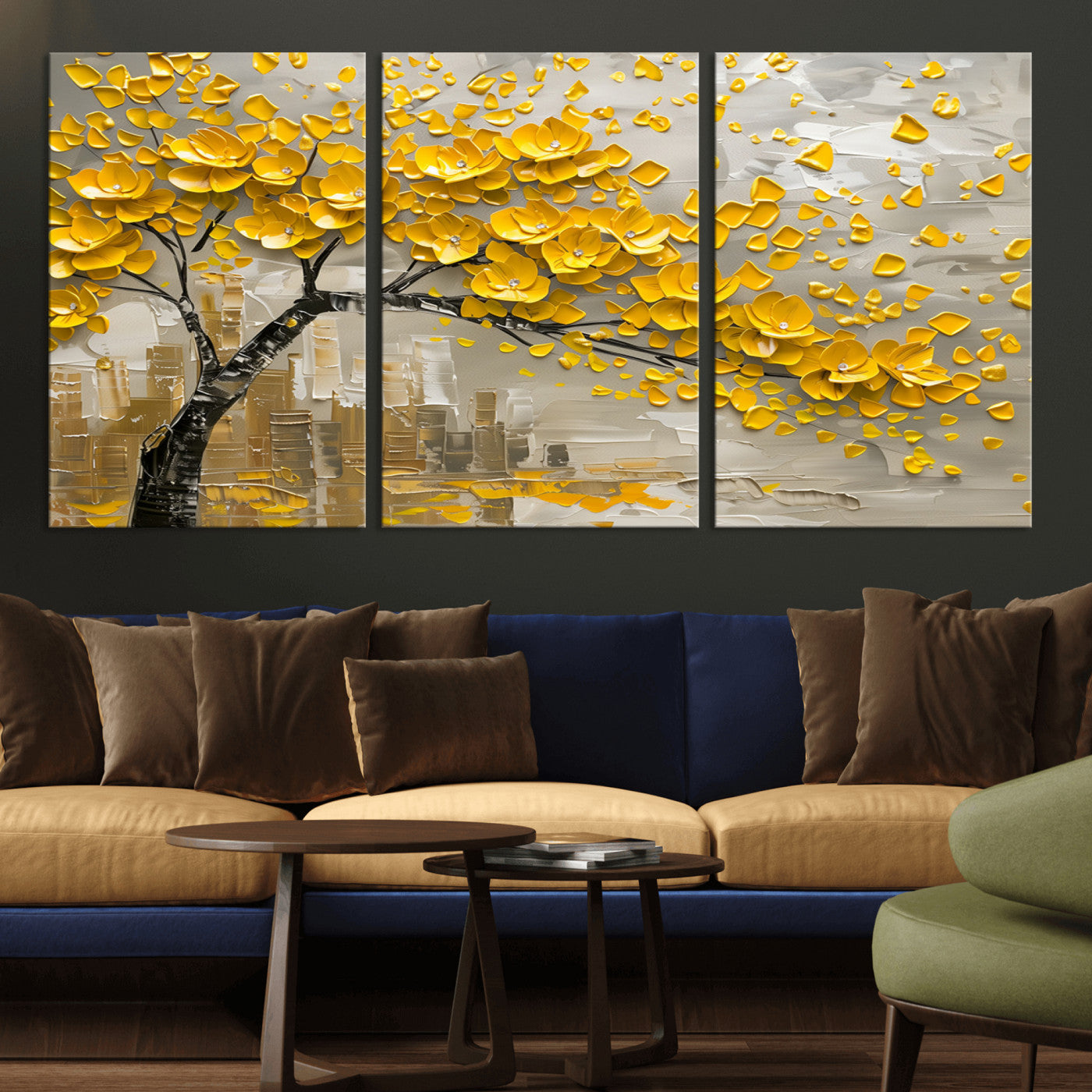MGV-CV-60X30-3P - Yellow Blossom Tree Canvas Wall Art - Floral Abstract Modern Contemporary Artwork for Living Room or