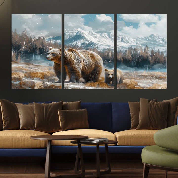 The modern living room features a Bear and Baby Bear Wall Art Canvas Print depicting a snowy mountain landscape, making it a stunning visual piece and a meaningful gift idea.