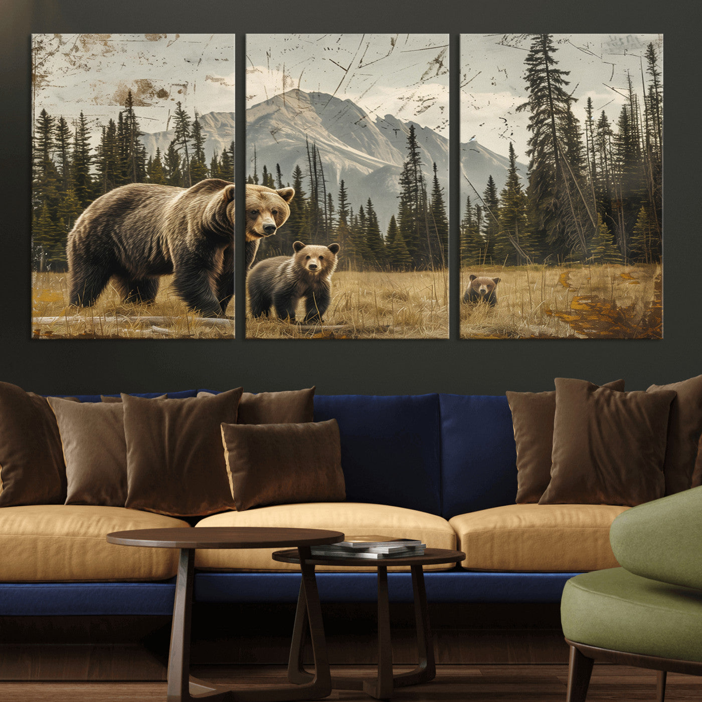 MGV-CV-60X30-3P - Rustic Grizzly 399 Bear Family Wall Art Canvas Print