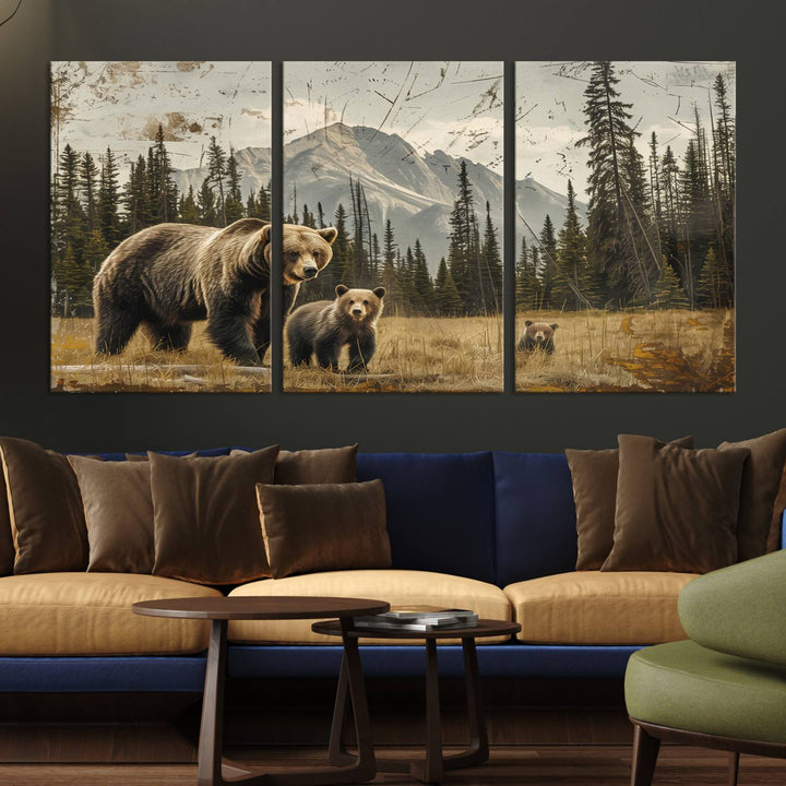 Displaying the Rustic Grizzly 399 Bear Family Wall Art Canvas Print in a modern living space adds remarkable charm. This triptych piece showcases a bear family in the forest, printed on museum-quality canvas and ready to hang, seamlessly enhancing your decor with its striking detail and elegance.