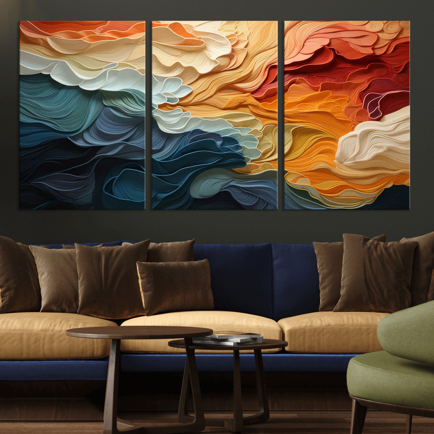 MGV-CV-60X30-3P - Blue Orange Abstract Wave Wall Art Canvas Print, Framed Blue Orange Wave Wall Art