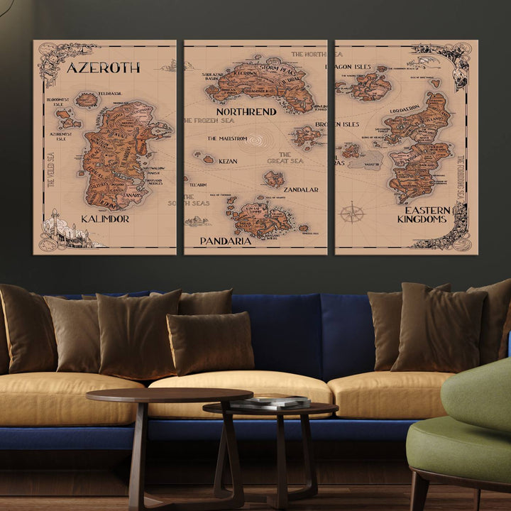 The Vintage Azeroth World Map Canvas Print, a stunning three-piece set, enhances the space with its vintage charm, perfectly complementing your gaming decor.