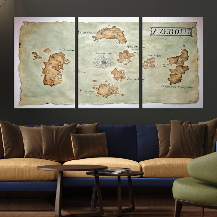 The Azeroth World Map Wall Art Canvas Print, a three-panel vintage piece, brings a cozy fantasy gaming atmosphere to the room.