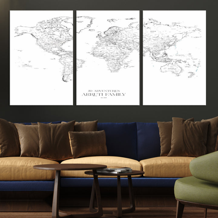 Personalized World Map Wall Art Canvas Print - Custom Push Pin Travel Map Canvas - Framed Map Print for Travel Lover Gift
