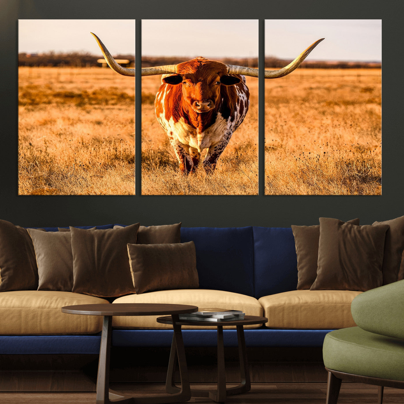 MGV-CV-60X30-3P - Longhorn Cow Wall Art | Ready to Hang Framed Canvas Print for Farmhouse and Barn Decor