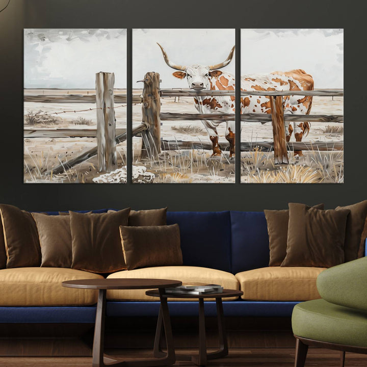 The Abstract Longhorn Cow Wall Art, a ready-to-hang framed canvas print, adds rustic charm and perfectly captures the essence of rural elegance.