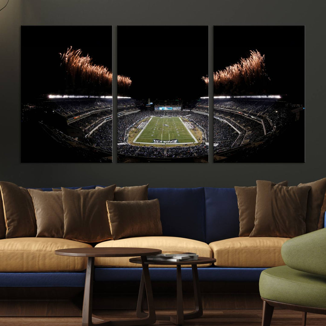 A stunning triptych wall art featuring the Philadelphia Eagles Football Team Print, capturing Lincoln Financial Field with spectacular fireworks.